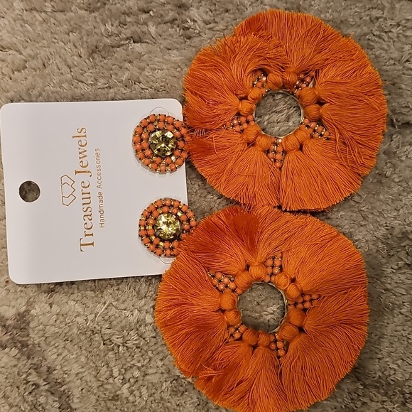 Over Sized Orange Round Stone Tassel Fringe Pageant Earrings - Picture 2 of 2